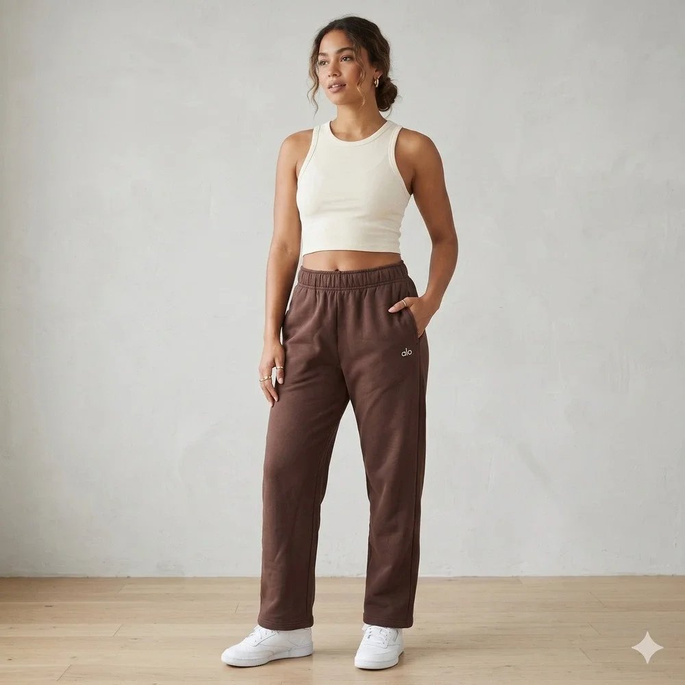 Alo Yoga Accolade Sweatpants Womens Medium‎ Brown Straight Leg Fleece Athleisure